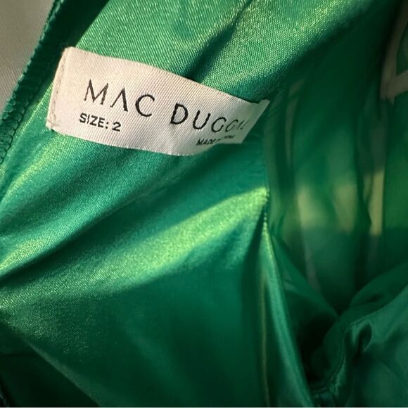 Mac Duggal Emerald Green Sheer Puff Sleeve Bow Neck Gown | 2 - Picture 9 of 10